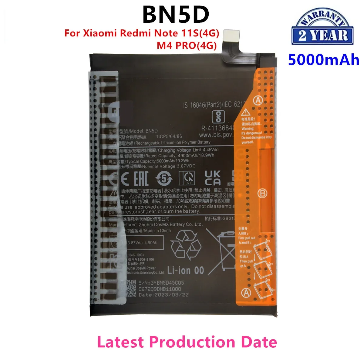 

100% Orginal BN5D 5000mAh Battery For Xiaomi Redmi Note 11S 11 S 4G / M4 PRO 4G Phone Replacement Batteries