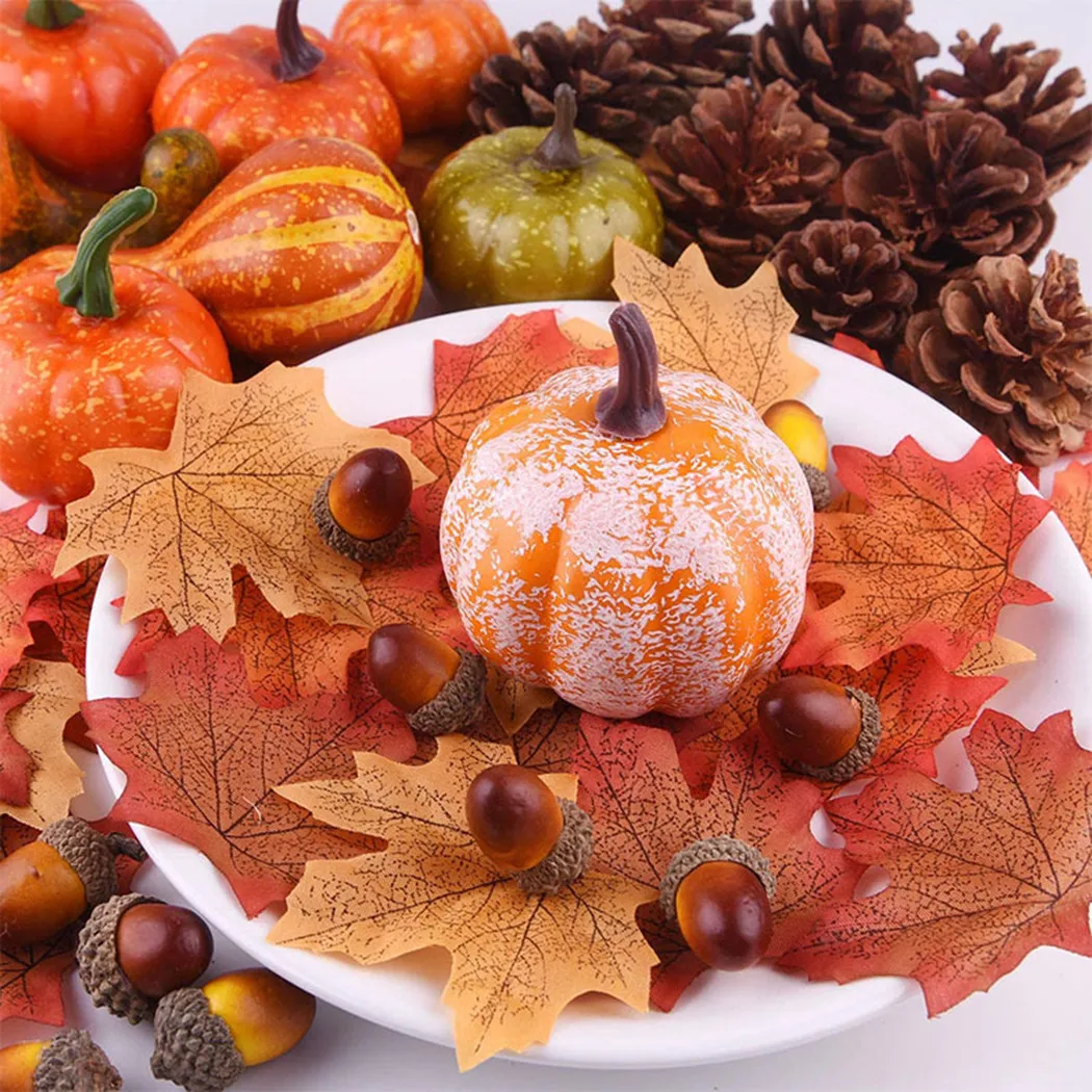 50/70/86Pcs Artificial Pumpkin Fake Maple Leaf Set Foam Pumpkins Pine Cones Autumn Thanksgiving Halloween Party Decoration