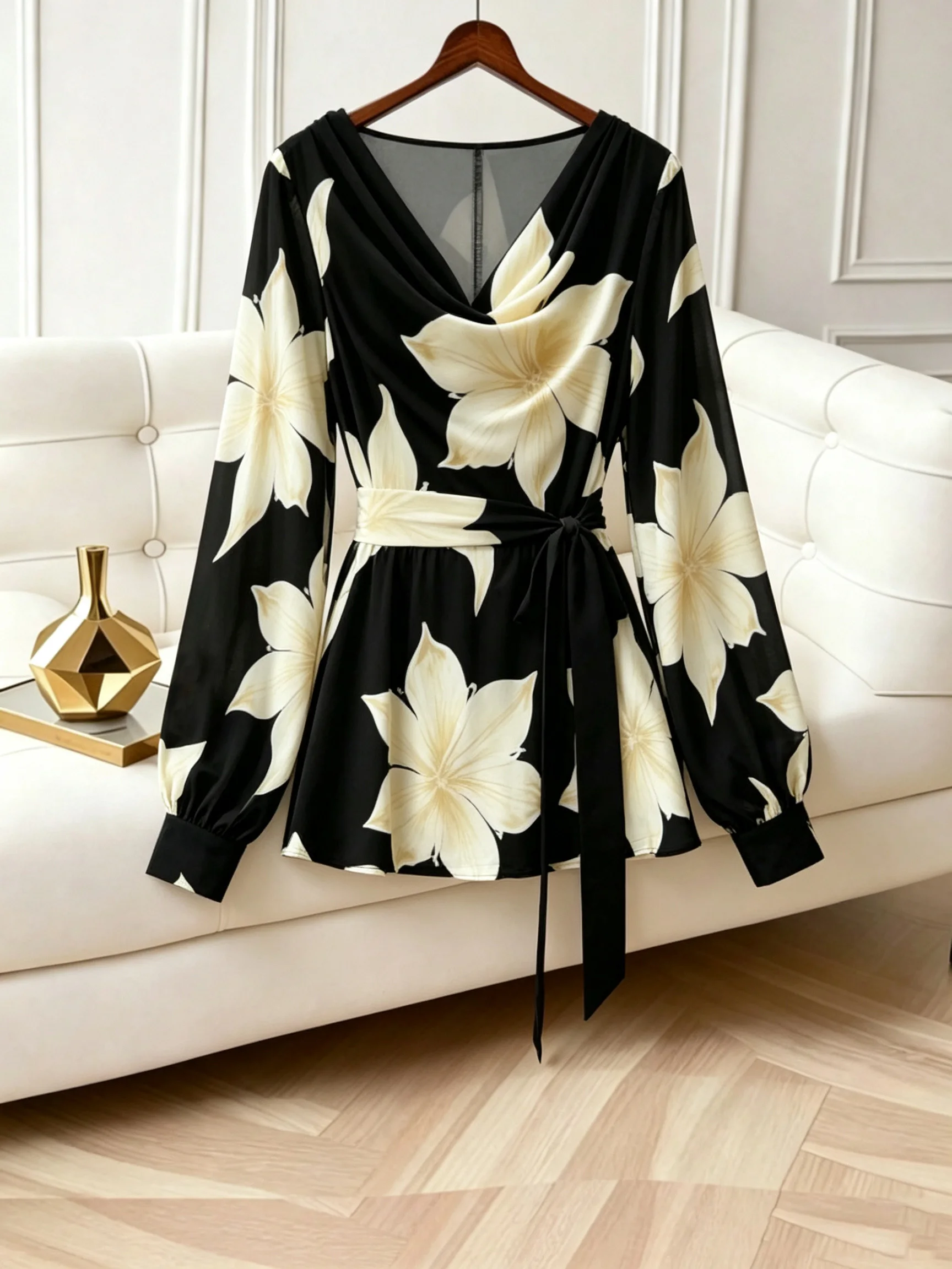 Elegant Ladies Printed Open Neck Belted Top Fashionable Women's Clothing