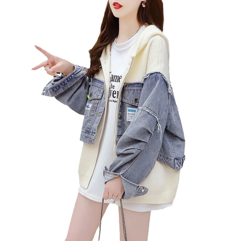 جاكيتات للنساء التلبيب لوحات الدنيم سترة النساء معاطف فضفاضة سترة سميكة سترة مشغولة من الصوف ملابس النساء تريكو