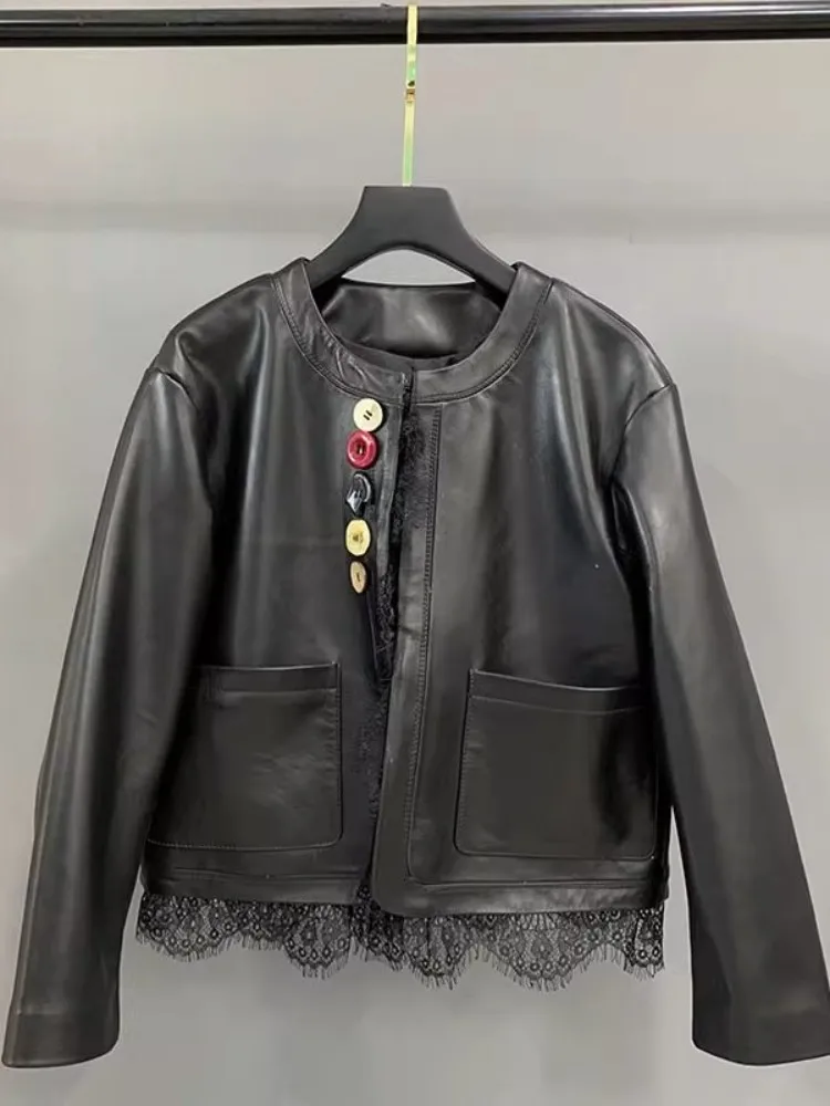 Herbst Frauen Echtes Leder Jacke Mode Taste Spitze Verstärktes Büro Damen Oberbekleidung Casual Langarm O Hals Kurzen Mantel