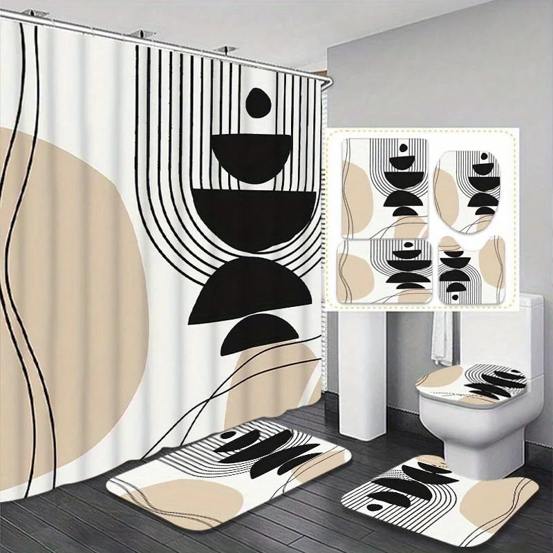 

4pc Geometric minimalist modern pattern bathroom set, shower curtain, U-shaped mat, non-slip mat, toilet seat cover