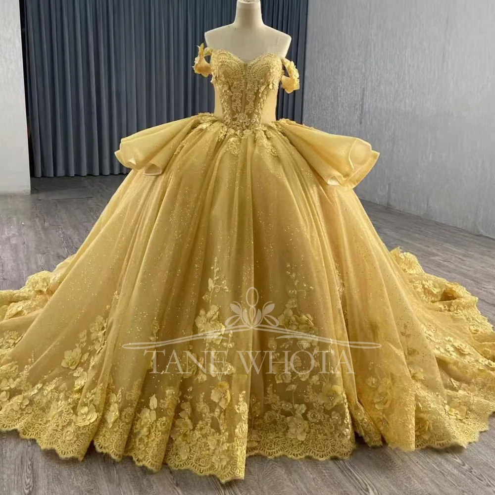 

Gold Quinceanera Ball Gown Dress Sweetheart Off-Shoulder Lace-Up Back Embroidered Beaded Sequined Appliques for Girls