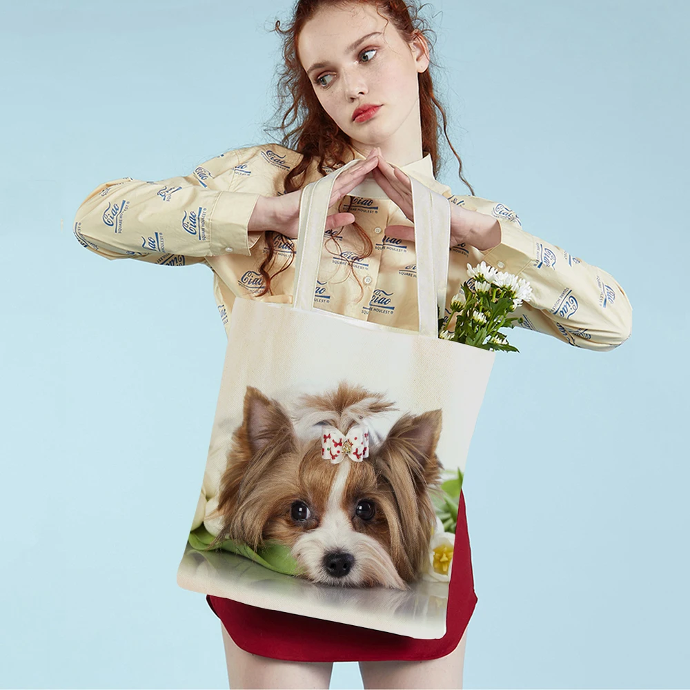 Fashion Cute Pet Animal Dog Student Lady Canvas Shopping MINI Yorkshire Handbag Reusable Double Print Casual Tote Bag for Women