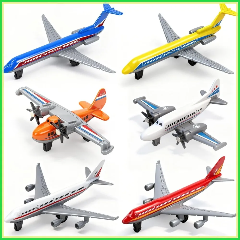 QUANA Airplane Toys, 6 Pack Metal Pull Back Planes for Kids 3-7, Die Cast Aircraft Models Play Vehicles