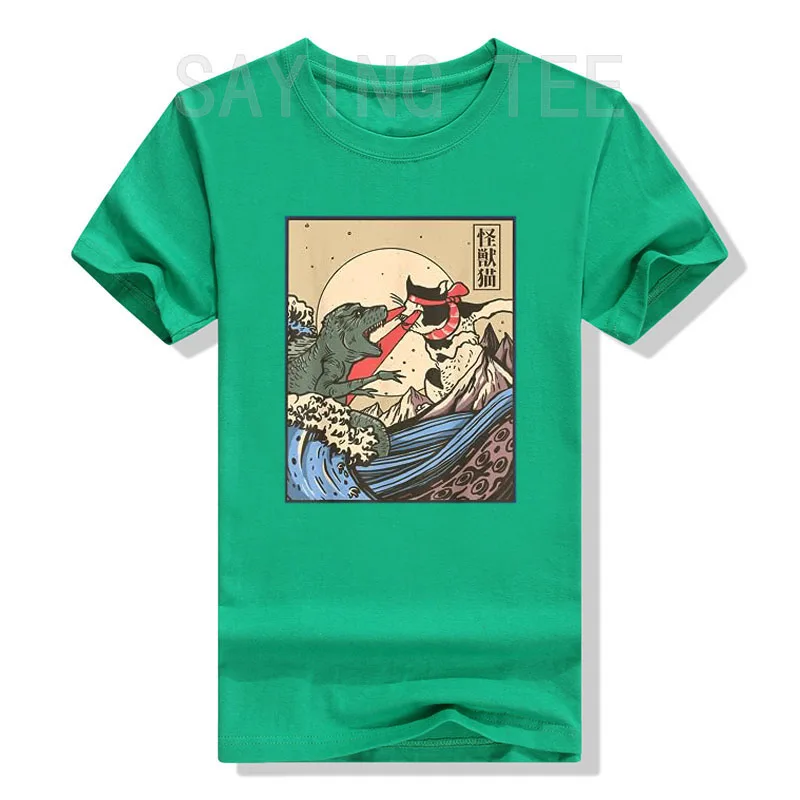 Vintage Cat Vs Monster Retro Japanese Great Wave Otaku Manga T-Shirt Humor Funny Kitty Cartoon Graphic Tee Tops Comics Outfits