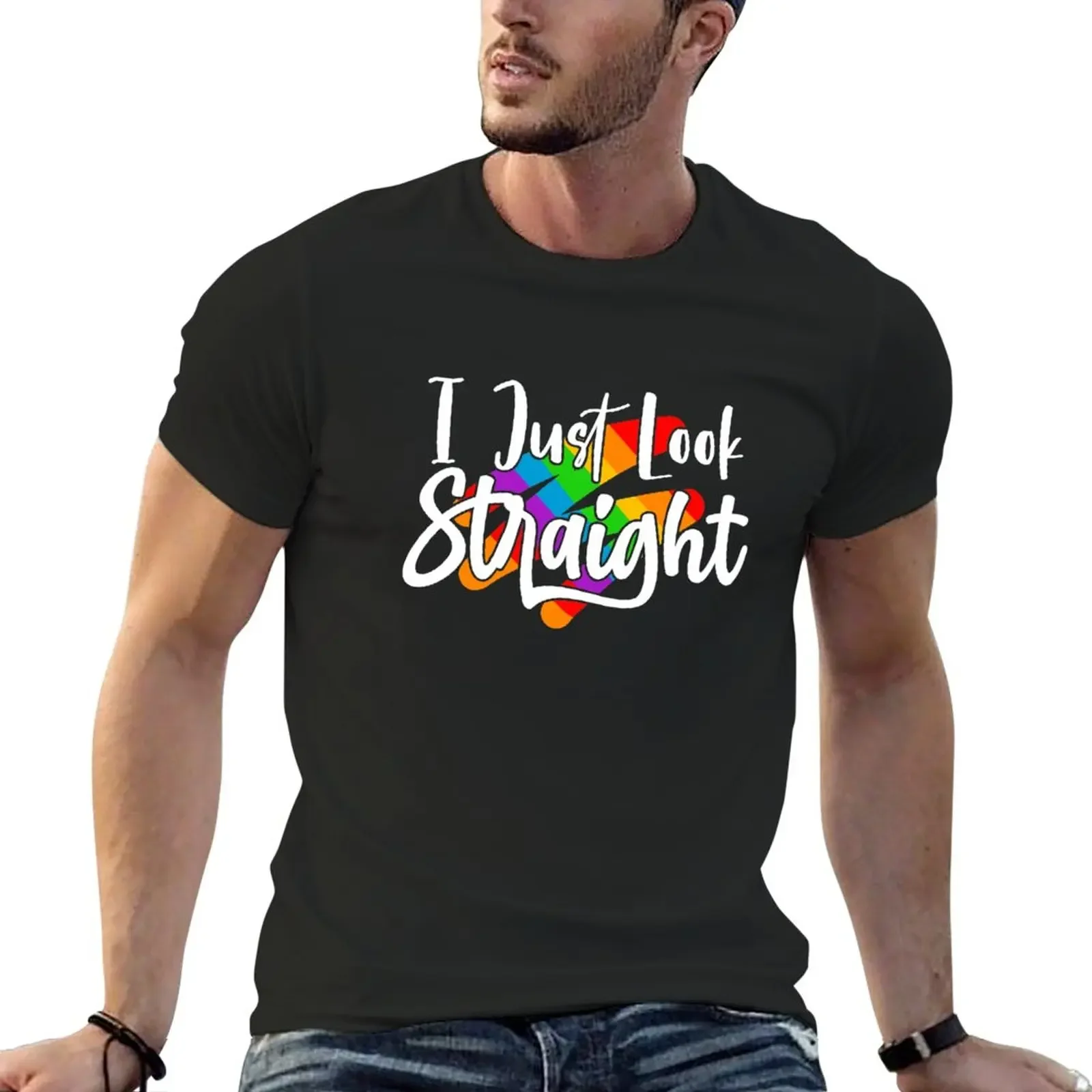 I Just Look Straight T-Shirt blacks tops plain black t shirts men anime clothes new in tops & tees heavyweight Male Cartoon