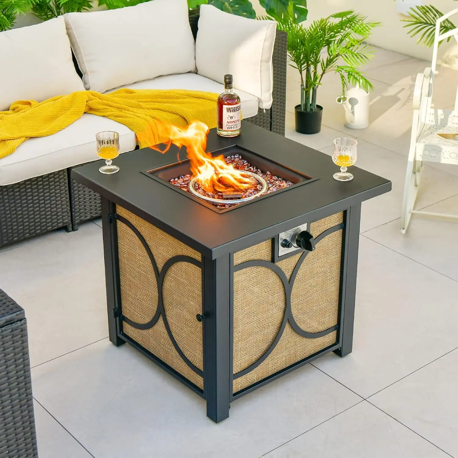 Giantex 28” Outdoor Fire Pit Table - 50,000 Btu Square Metal Fire Table With Lid, Pvc Cover, Glass Stones, Csa Approved, 2-In-1