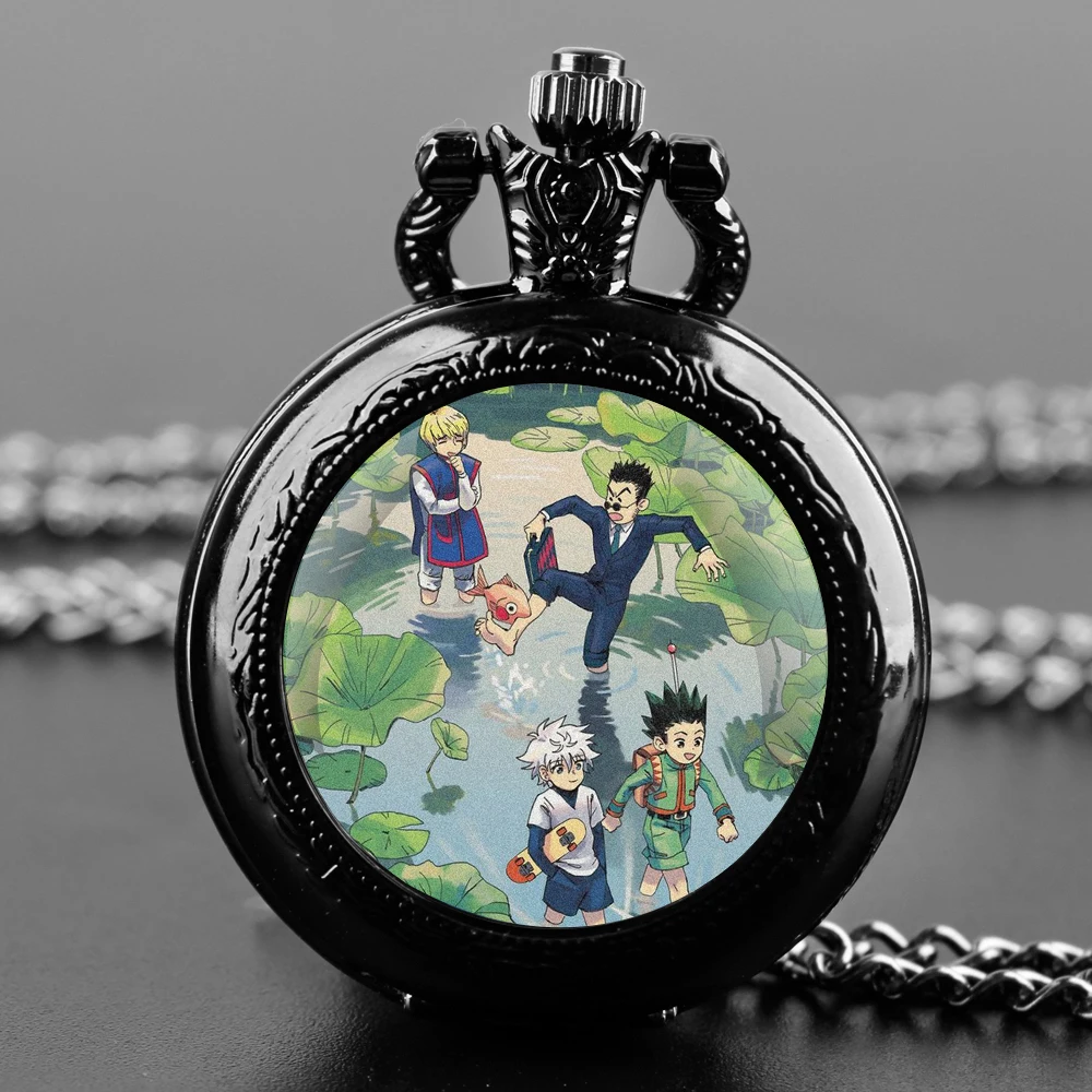 Hot Anime Hunter X Hunter Glass Dome Pocket Watch with Chain Necklace Vintage Quartz Pendant Watches Mens Women Gifts for Kids