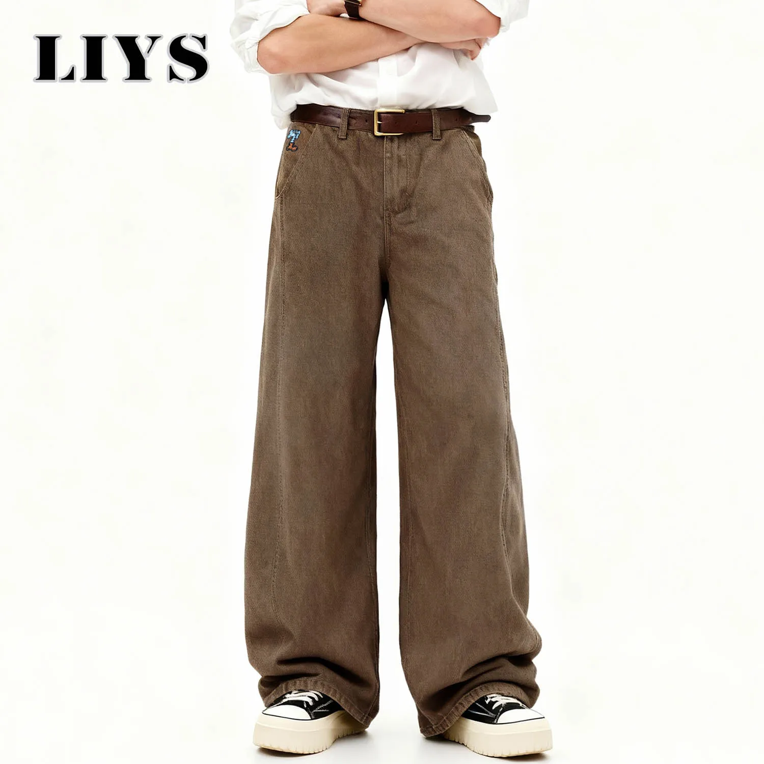 

LIYS американские мужские ретро коричневые ультра мешковатые широкие джинсы уличная повседневная мужская одежда оверсайз с вышивкой унисекс джинсовые брюки
