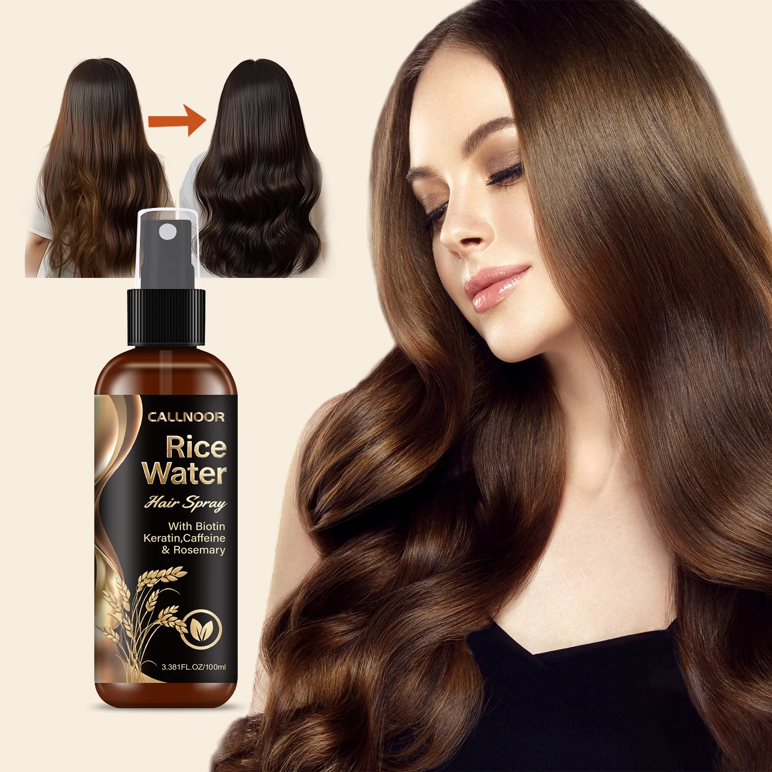 Rice Water Hair Spray Smooths Hair Reduce Tangles Add Shine Biotin Keratin Caffeine Rosemary for All Hair Types