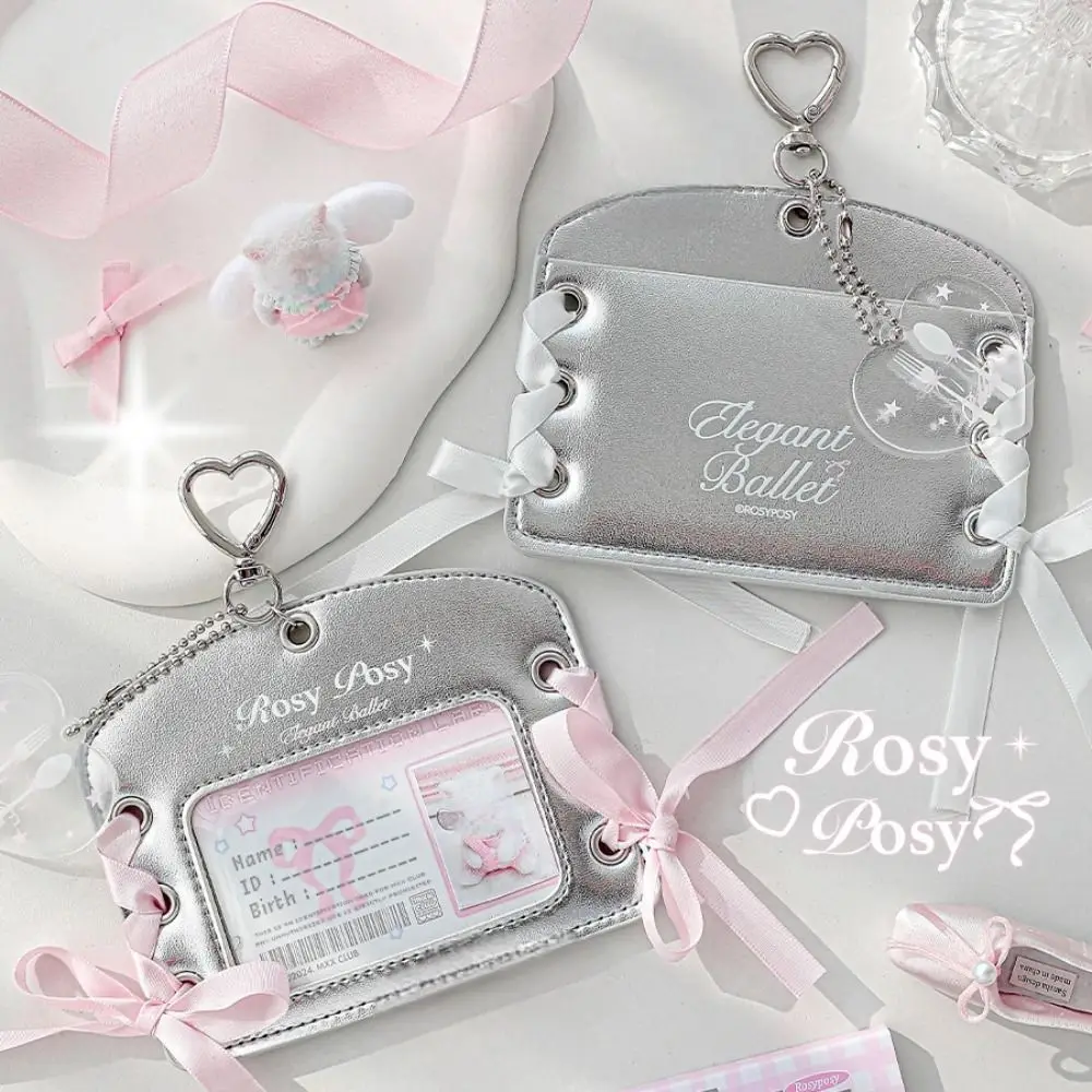 Korean Style Balletcore Idol Photocard Holder Protective Case with Keychain Pendant Ribbon Bow Bus Card Holder PU Leather image 2