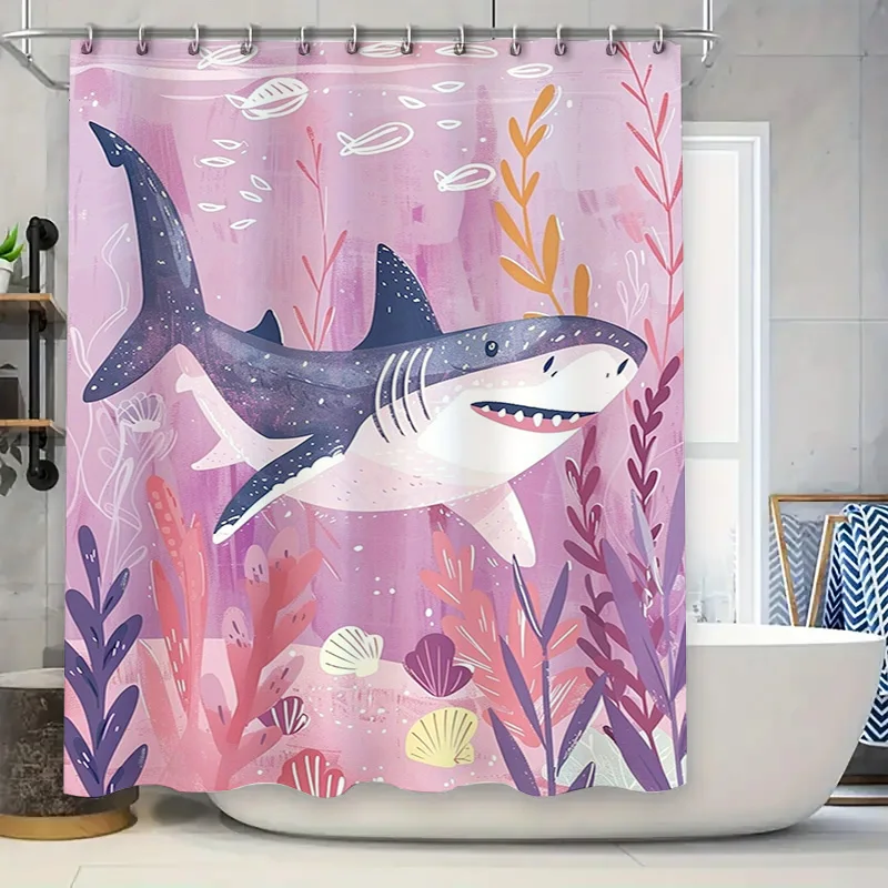 

Ocean Adventure Shower Curtain Pink Shark Design for Bathroom Decor Waterproof Fabric Bath Rug Cover Set with Hook Rings