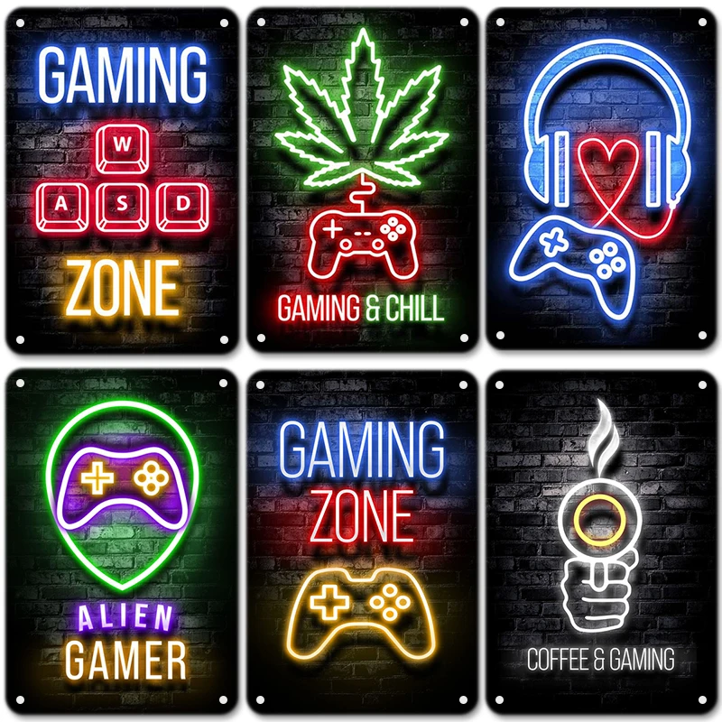 Neon Sign Gaming Gamer Poster Metal Signs Vintage Metal Tin Plate Wall Art Decor for Boys Playroom Home 20x30cm