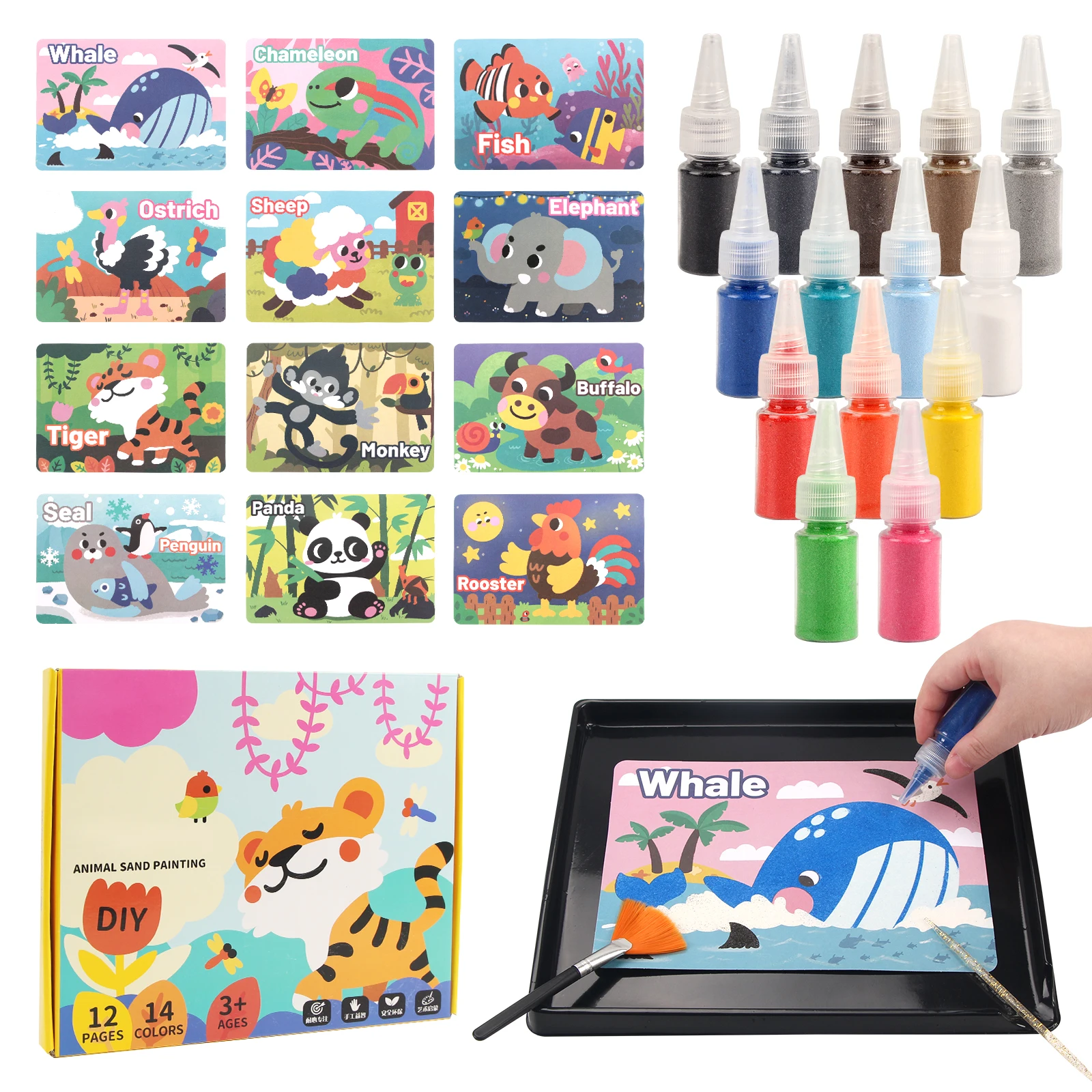 DIY Sand Painting Craft Sand Art Kit 12 Animals Sand Painting Cards 14 Color Educational Toys Montessori Toys For Kids Gifts