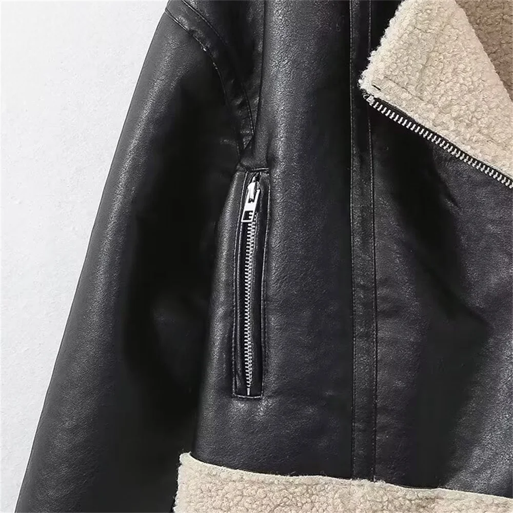 TRAF Autumn new women\'s fashionable casual versatile lapel long sleeved double-sided leather jacket