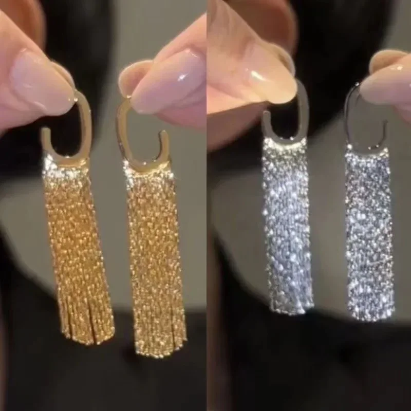 Long Metal Chain Tassel Drop Earrings for Women, Gold Color, Bling, Wedding, Ms Daily Fashion Jewelry