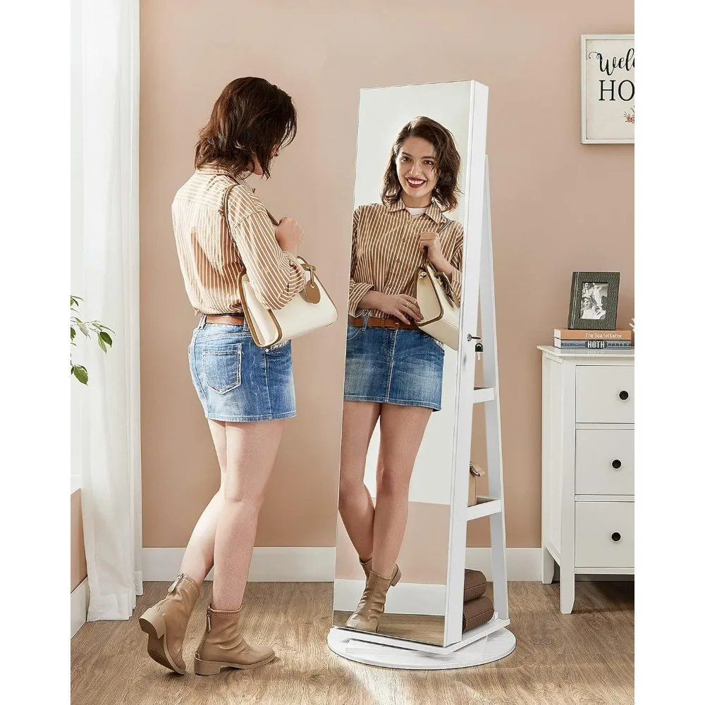 Standing Jewelry Armoire,6 LEDs Lockable Mirror,360° Swivel,Frameless Full-Length Mirror,3 Storage Shelves,mirror Cabinets