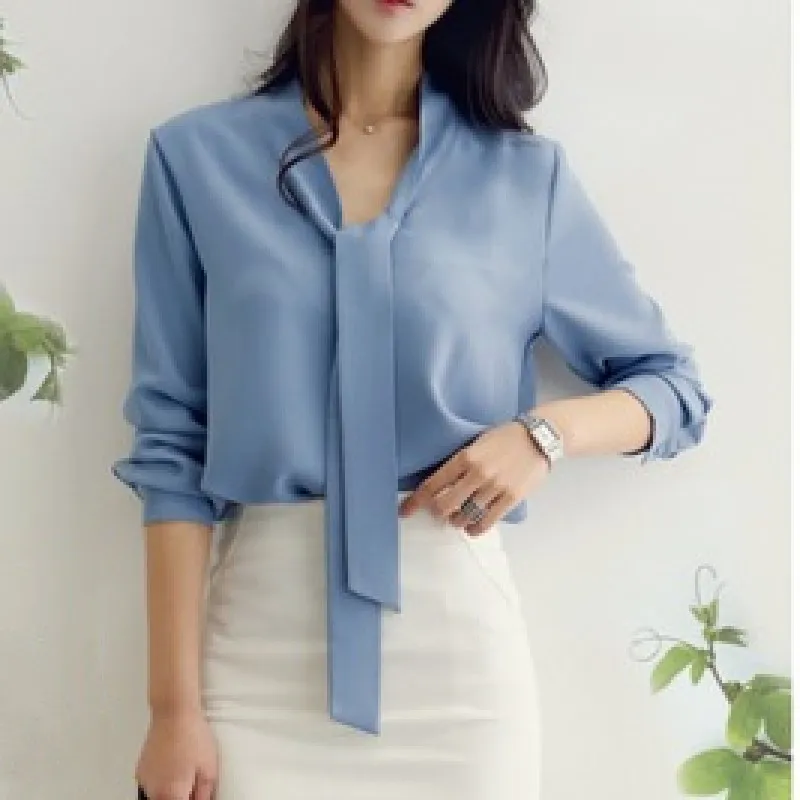 Casual Long Sleeve Bow Tie Shirt Fashion Women Clothing Spring Loose Chiffon Blouse Office Lady V-neck Tops Blusas Mujer 699C