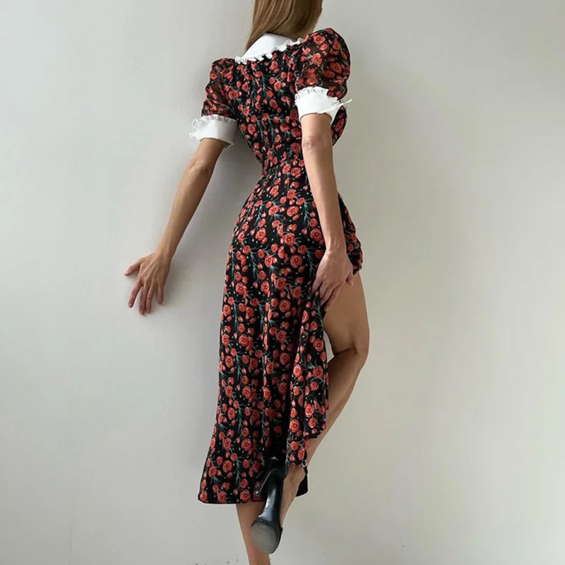 Ticketsx Fashion V-neck Printed Split Long Dress Contrast Color High Waist Slim Floral Dress Elegant Party Birthday Female Dress