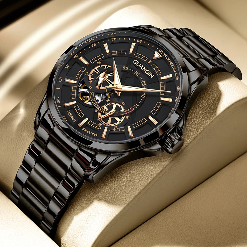 GUANQIN Luxury Men Automatic Mechanical Watch Skeleton Subdial Stainless Steel Material 30M Waterproof Luminous Watches