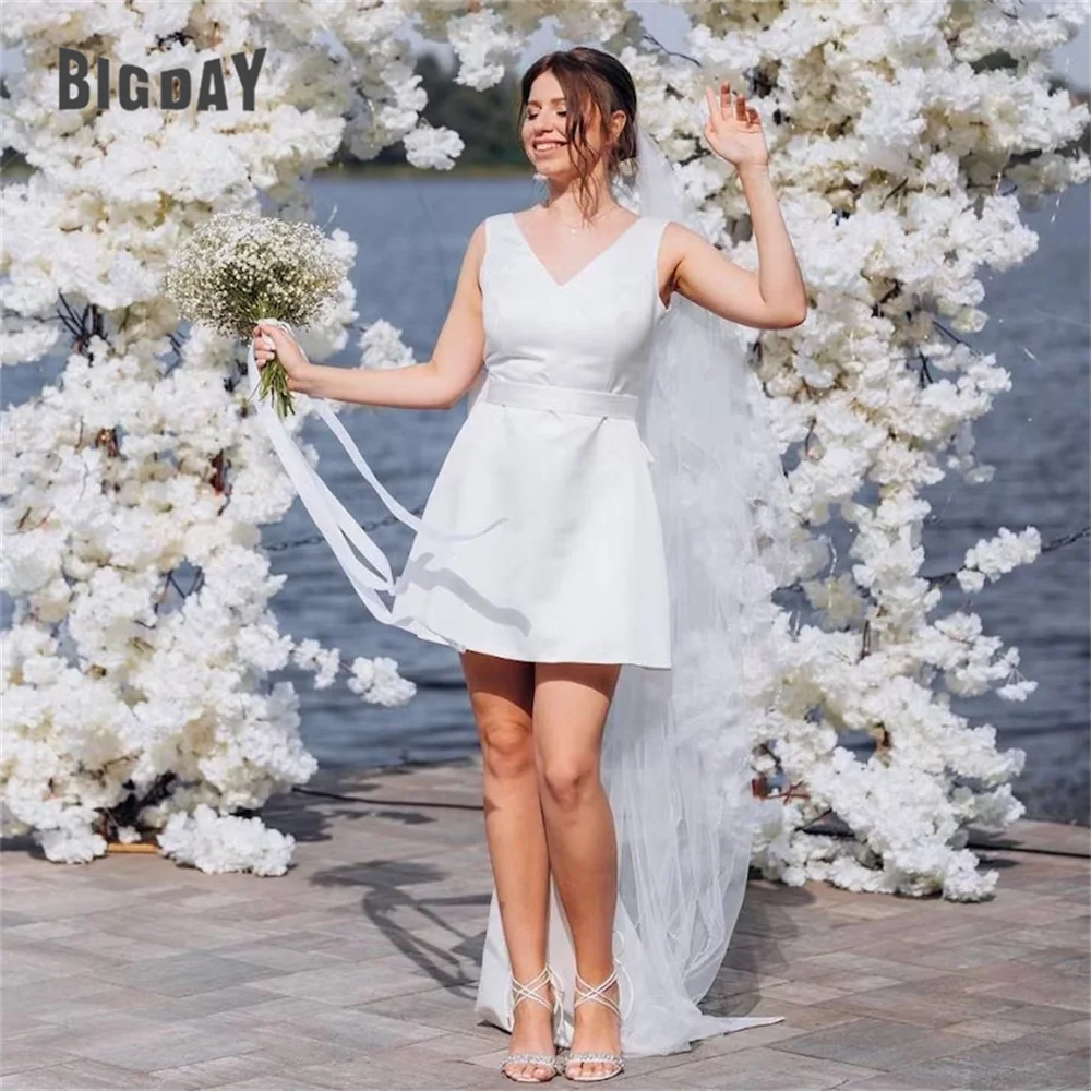 Elegant Short Wedding Dress Women V-Neck Open Back Bow Spaghetti Straps Sleeveless Bridal Gown Vestido De Noiva Customized