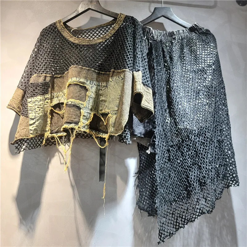 WTHT New Trendy Women's Hole Denim Spliced Mesh Short Sleeve T-shirt Elastic Waist Irregular Shorts Female 2025 Summer 1LS1986