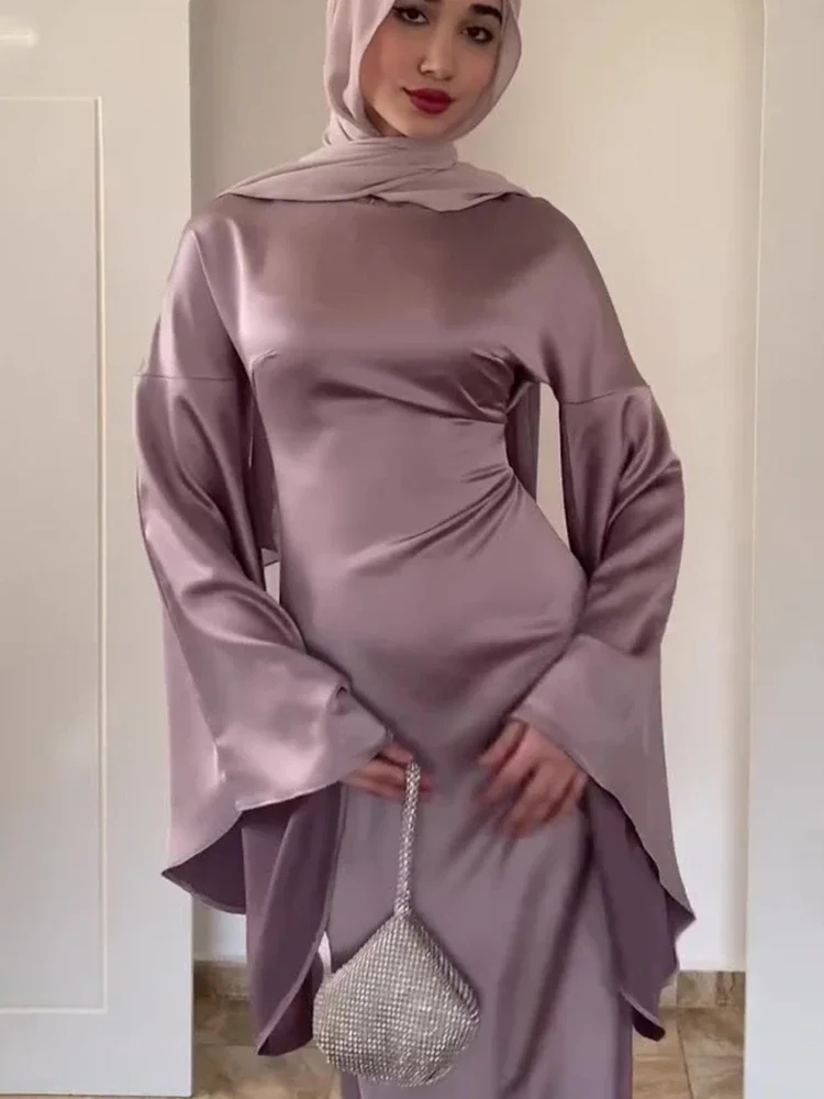 Eid Muslim Abaya Dress Women Satin Flare Sleeve Jalabiya Party Dresses Ramadan Kaftan Islam Vestido Arab Long Robe Morocco Dubai