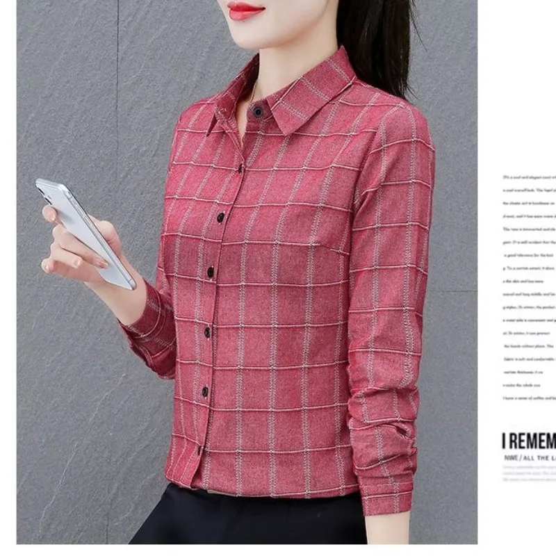 Spring and Autumn Women\'s Polo Collar Plaid Button Contrast Long Sleeve Cardigan Shirt Coat Fashion Office Lady Casual Tops