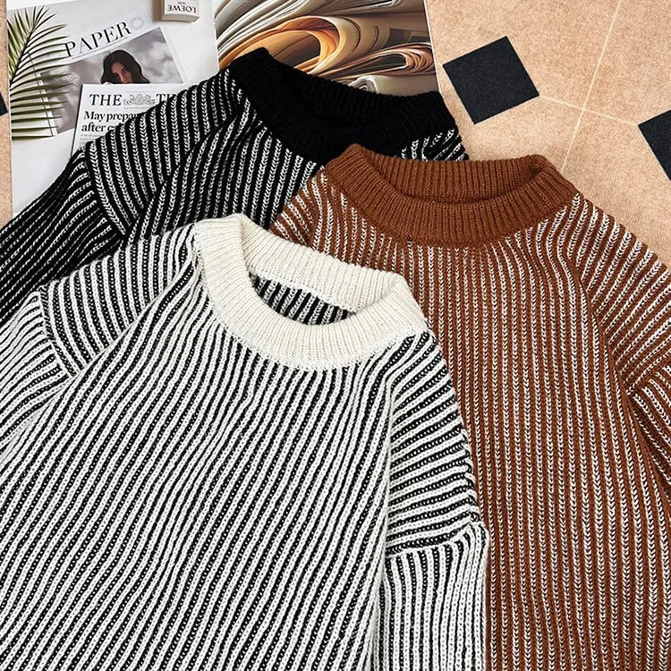 

Мужской круглый вязаный свитер Ne Thiened, зима 2025 Faion, теплая внутренняя одежда, длинный свеч, полосатый, из полиэфирного волокна, повседневный