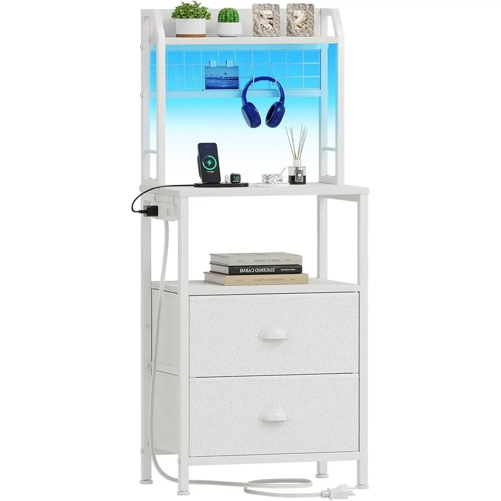 

40-Inch Tall Nightstand with Charging Station, LED-Lit Bedside Table, 2-Drawer End Table with Storage Shelves, White Bedroom Nig