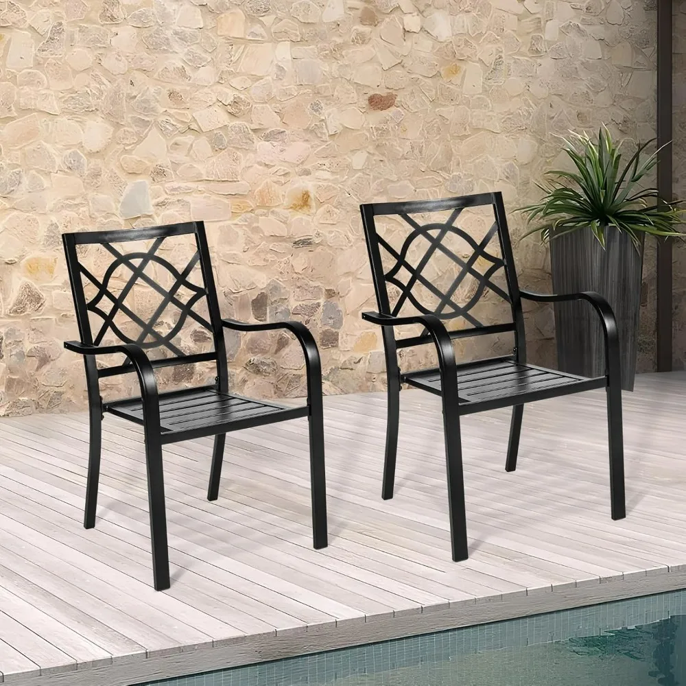 

2 pieces of forged iron black 300 pound outdoor dining chairs, terrace metal stackable chairs with armrests