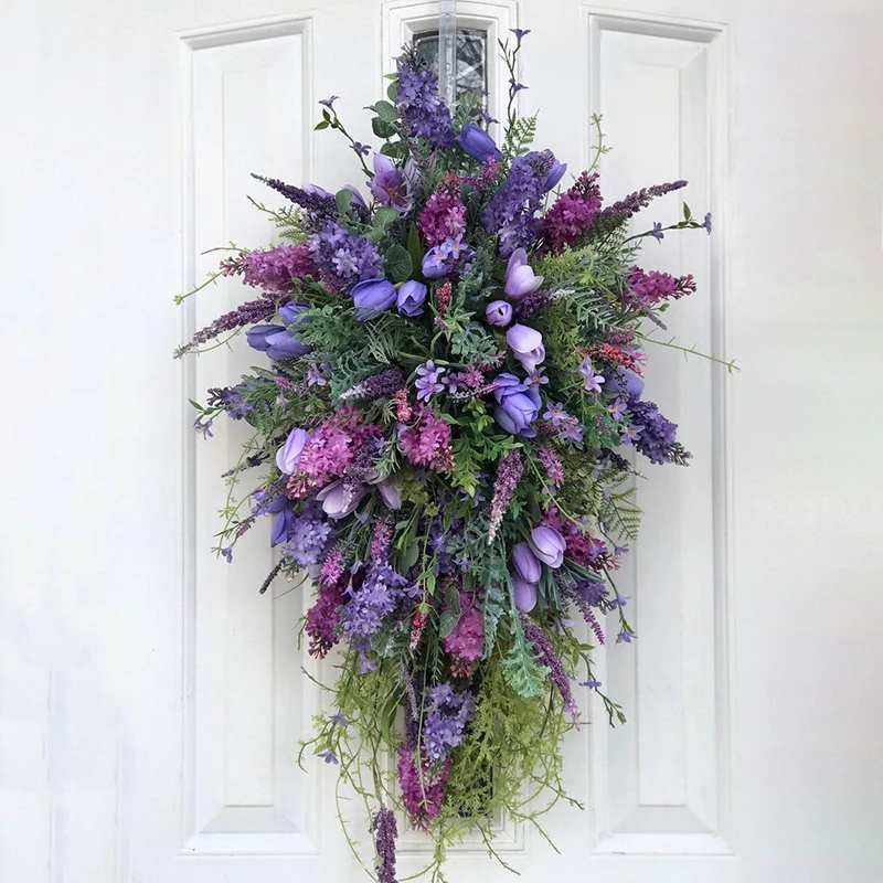 Spring Purple Tulip Wreath Summer Artificial Flower Lavender Swag Garland Home Decoration For Wedding Entrance Garden Front Door