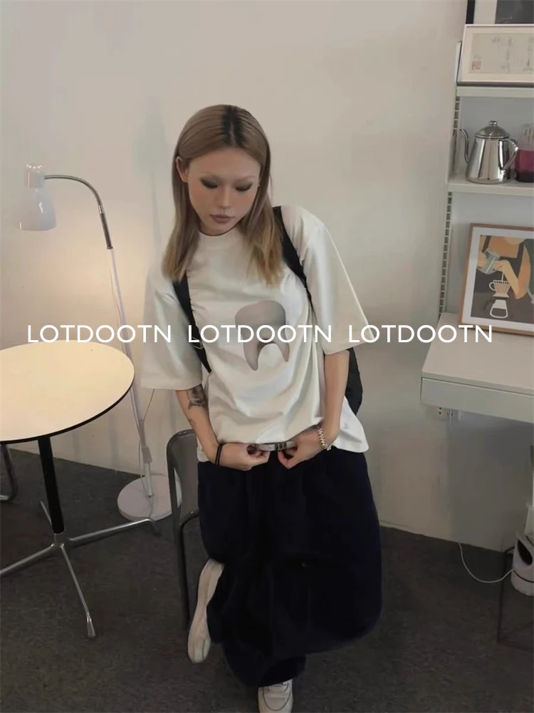 LOTDOOTN Vintage Tooth Printed Graphic Tees Summer Women Cute Aesthetic T-Shirts Short Sleeve Female Retro Grunge Tops Clothes