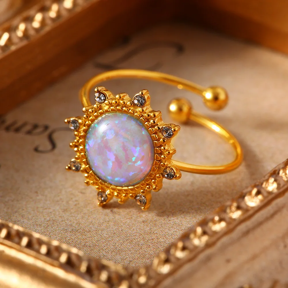 Fantasy Free Size Heart Sun Waterdrop Natural Opal Stone Rings For Woman Stainless Steel Gold Plated Waterproof Jewelry