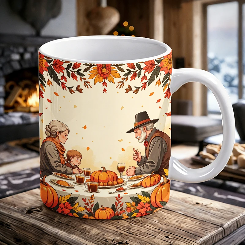 

11oz Family Thanksgiving handle ceramic cup, creative pattern coffee cup, insulated milk cup, office water cup, fade-resistant