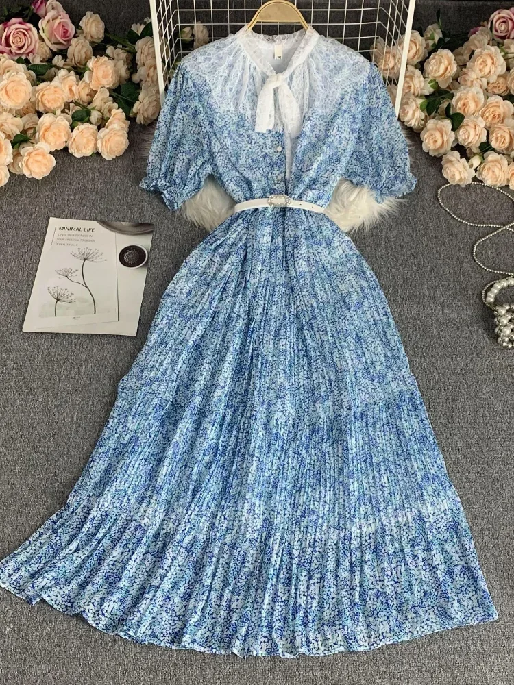 

Women Elegant Bohemian Dress Summer High Waist Slim A-line Long Dresses Ladies V-neck Ruffled Chiffon Floral Pleated Dress