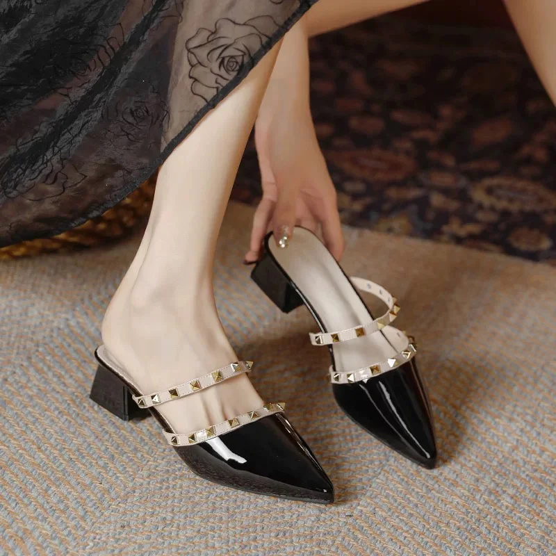 

Gorasion 2025 Women Low Heel Sandals New Summer Women Pointed Toe Rivet Flat Pumps Sexy Luxury Flip Flops Slippers for Women