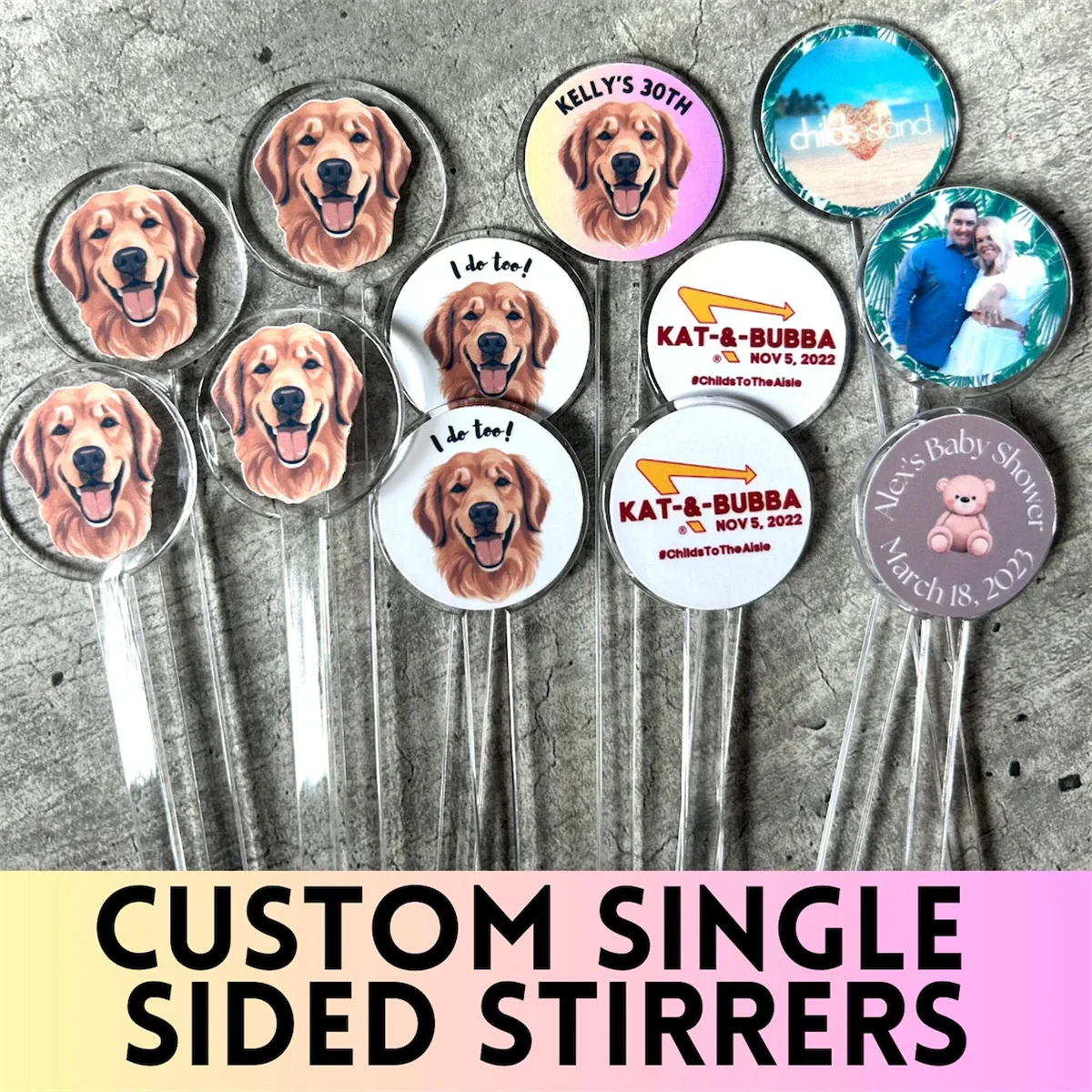 Custom Clear Single-sided Drink Stirrers, Dog, Cat, Face, Logo, Swizzle Sticks, Perfect for Weddings, Parties, etc.