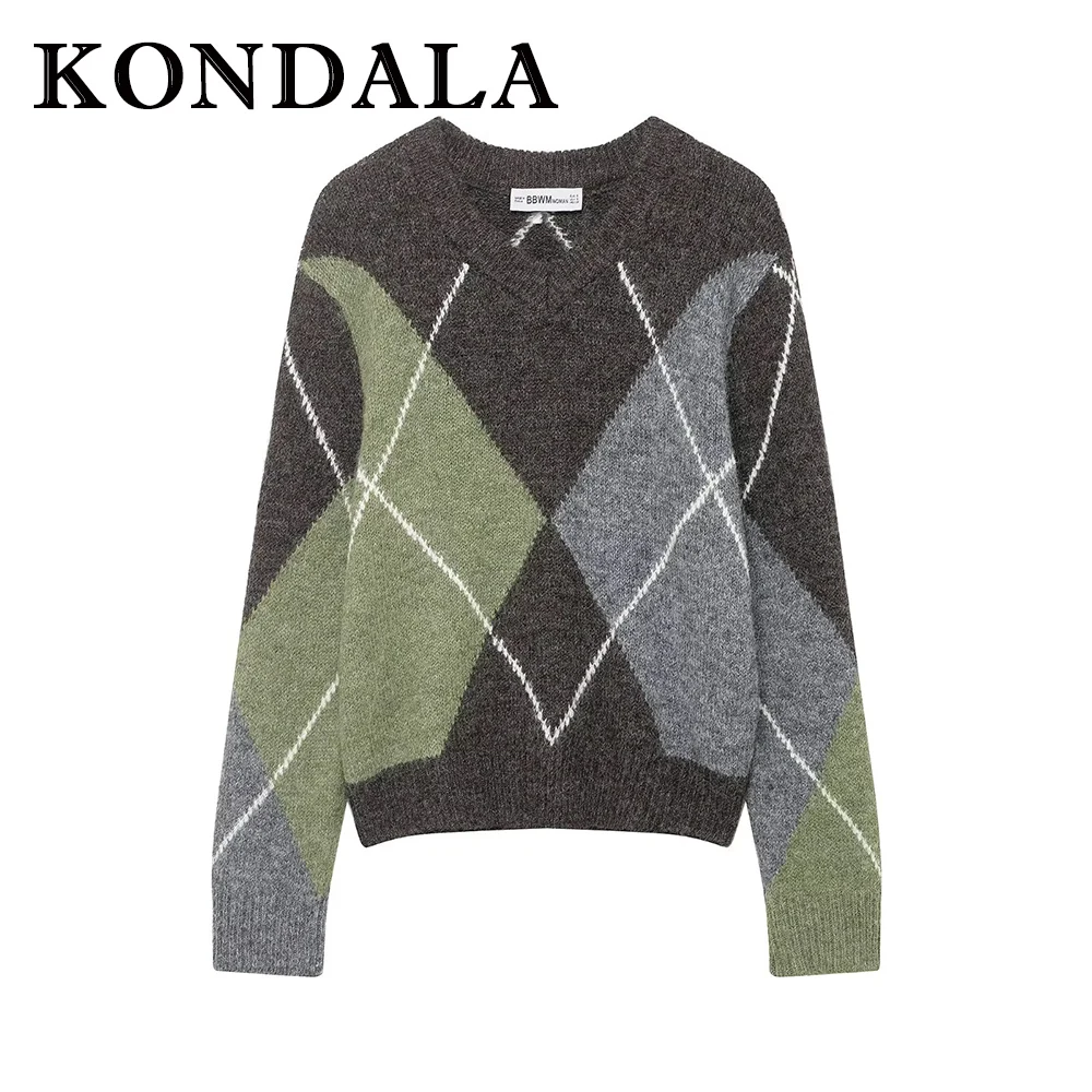 

KONDALA Chic Autumn Patchwork Plaid Streetwear V-Neck Women Knitwear Commute Fashion 2025 Winter Argyle Modern Female Sweaters