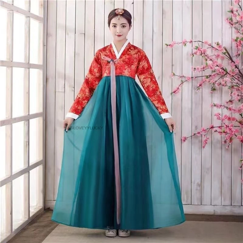

Korean Style Evening Dress Hanbok Ancient Korean Folk Stage Performance Women Costume Traditional Flower Print Chiffon Dress