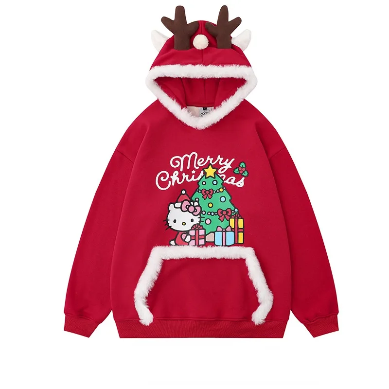 Hello Kitty Hoodie Miniso Thickening Soft Christmas Cat Sweatshirt Lovely Comfortable Versatile Couple Style Christmas Clothing