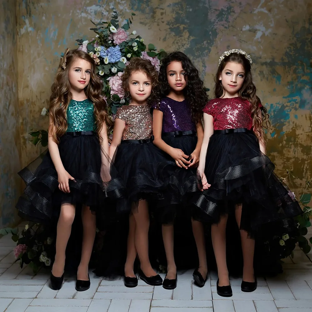 Cascading Ruffles Flower Girls Dresses Simple paillettes High Low BrushTrail Pageant Gowns Black Bow Belt Birthday Party Dress