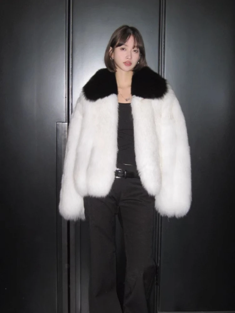 Luxury Fur Lapel Winter Design Patchwork Lapel Fur Coat Women Fashion Thick Warm Faux Fur Plush Coat Fluffy Soft Jacket New Chic