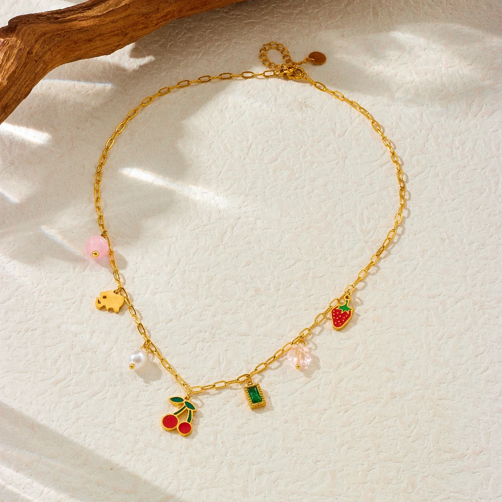 DIEYURO 316L Stainless Steel Pearl Strawberry Cherry Multiple Pendants Necklace For Women Fashion Trend Girl Jewelry Gift Joyas