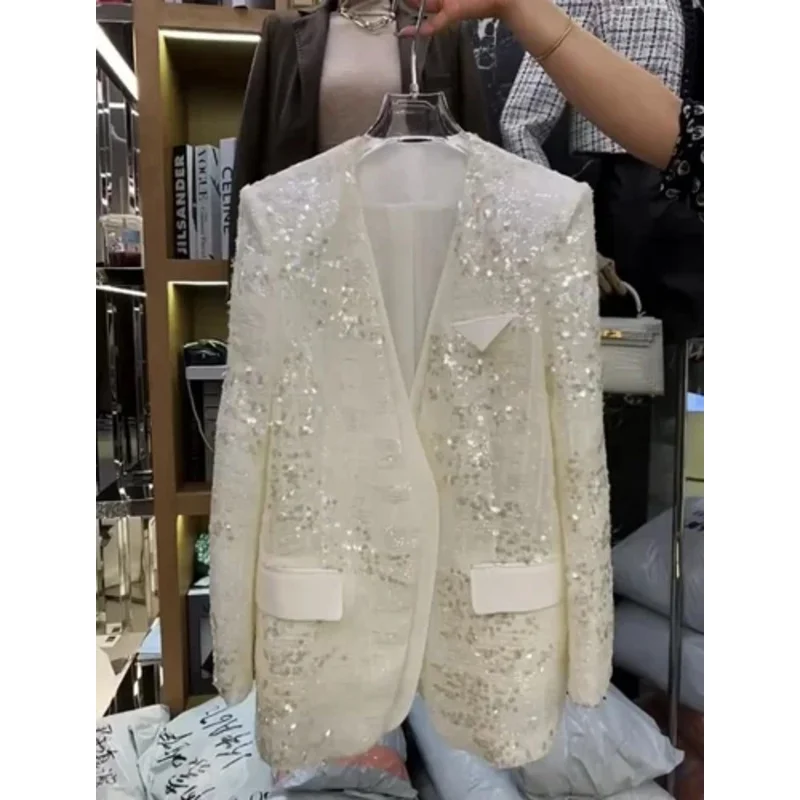 

Элегантное женское пальто с v-образным вырезом и блестками, женский костюм, пиджак средней длины, модный черный пиджак с тонкими блестками, топ 2023, осенняя одежда