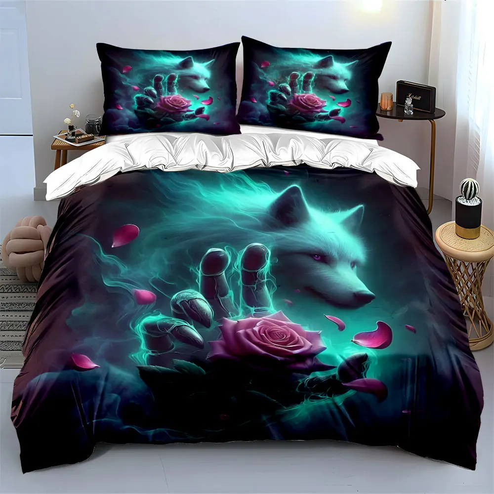 Dreamy Wolf Art Creative Quilt Cover Print Bedding Set 1 Duvet Cover 2 Pillowcases for Adult and Children Luxury Gift Full Size