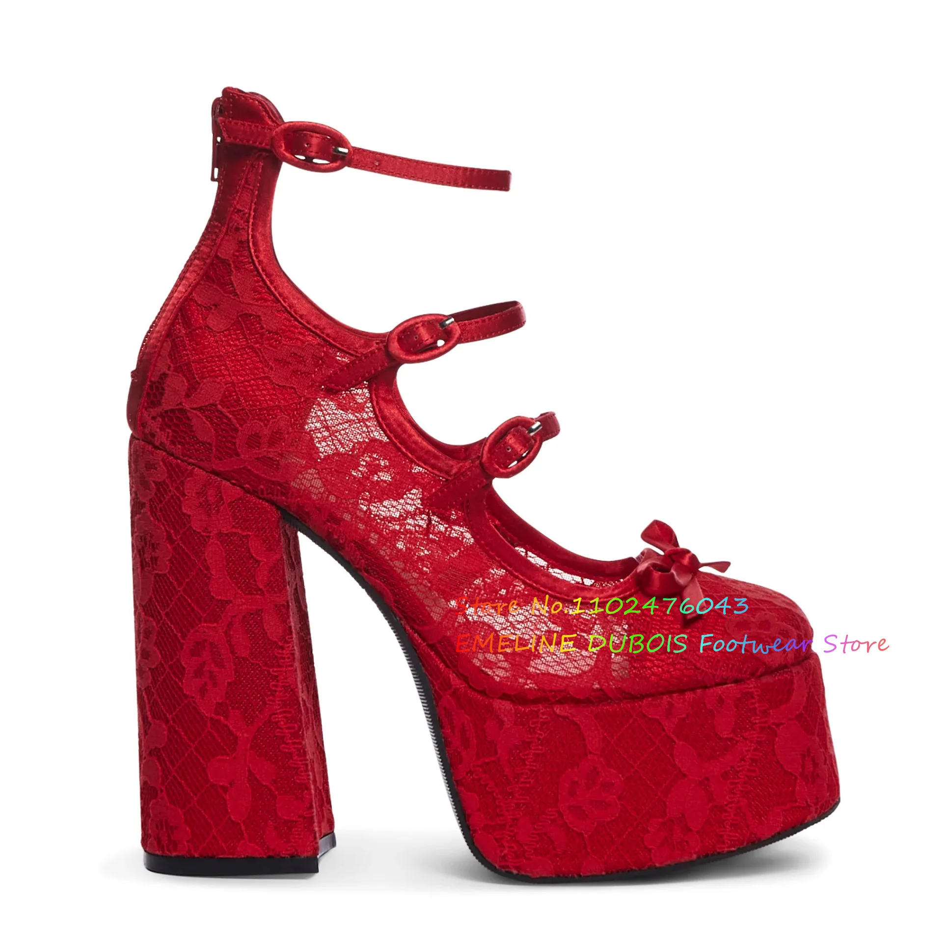 Red Mesh Lace Flower Sandals Women Round Toe Platform Buckle Strap Hollow Chunky Heels Bowknot Elegant Party Dress Shoes