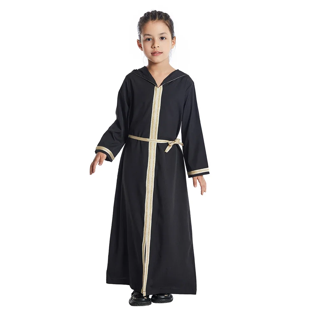 2025 Fashion Casual Girls Kids Muslim Long Dress Islamic Clothing Dubai Abayas Hooded Children Eid Ramadan Robe Arab Robe Gown