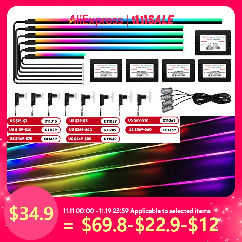 

22 in 1 18 in 1 64 Color RGB Symphony Car Atmosphere Interior LED Acrylic Guide Fiber Optic Universal Decoration Ambient Lights